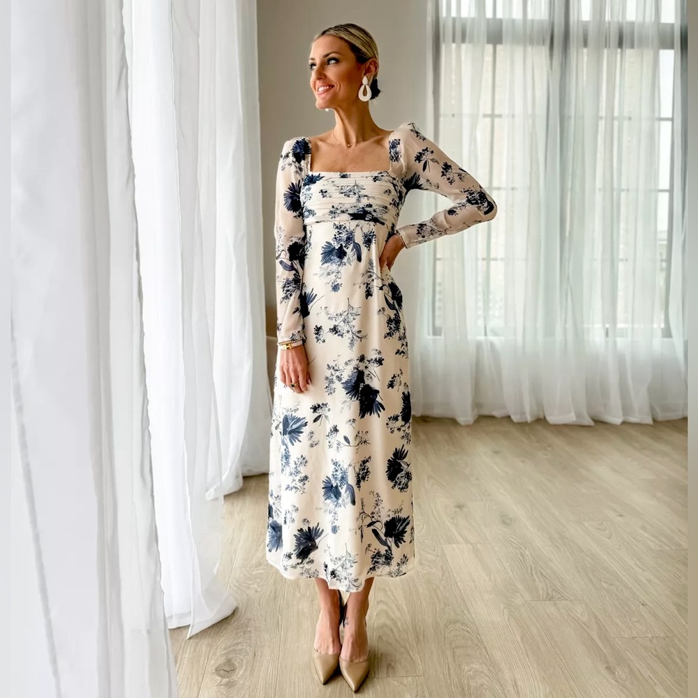Abercrombie & Fitch Emerson Chiffon Long-Sleeve Midi Dress in Cream/Blue Floral